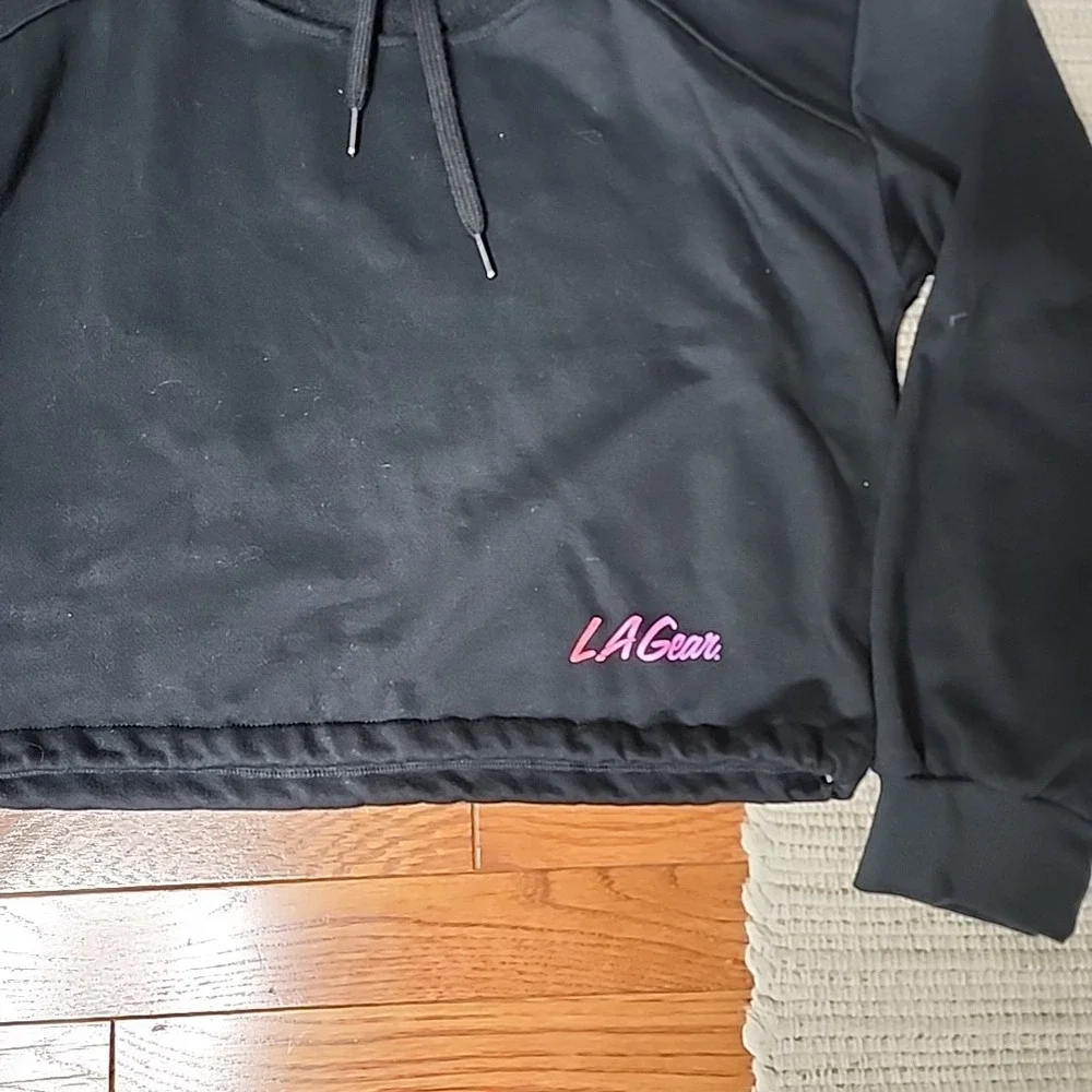 LA Gear Cropped Black Sweatshirt Hoodie Gym Active 80s 90s Retro USA Cut Out L - Picture 2 of 7